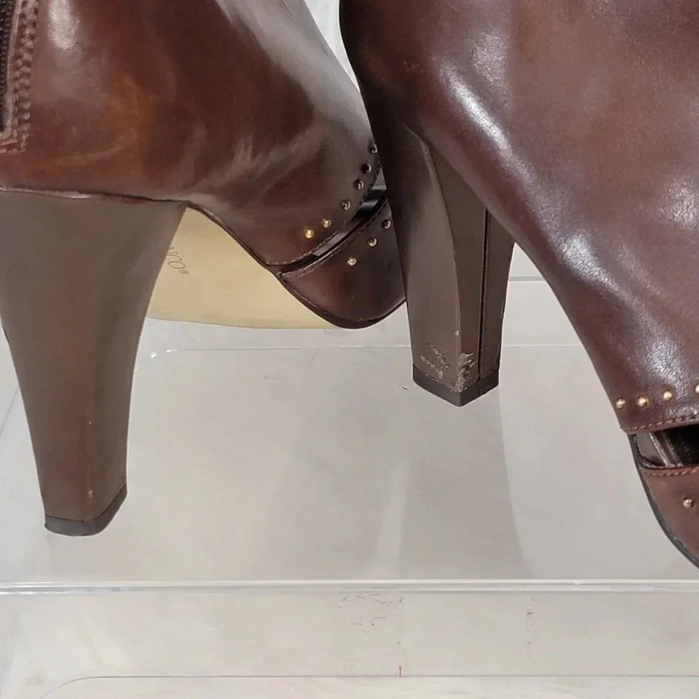 FRANCO SARTO Brown High Heel Booties Zipper Ankle Boot Leather 8M Shoe Peep‎ Toe
